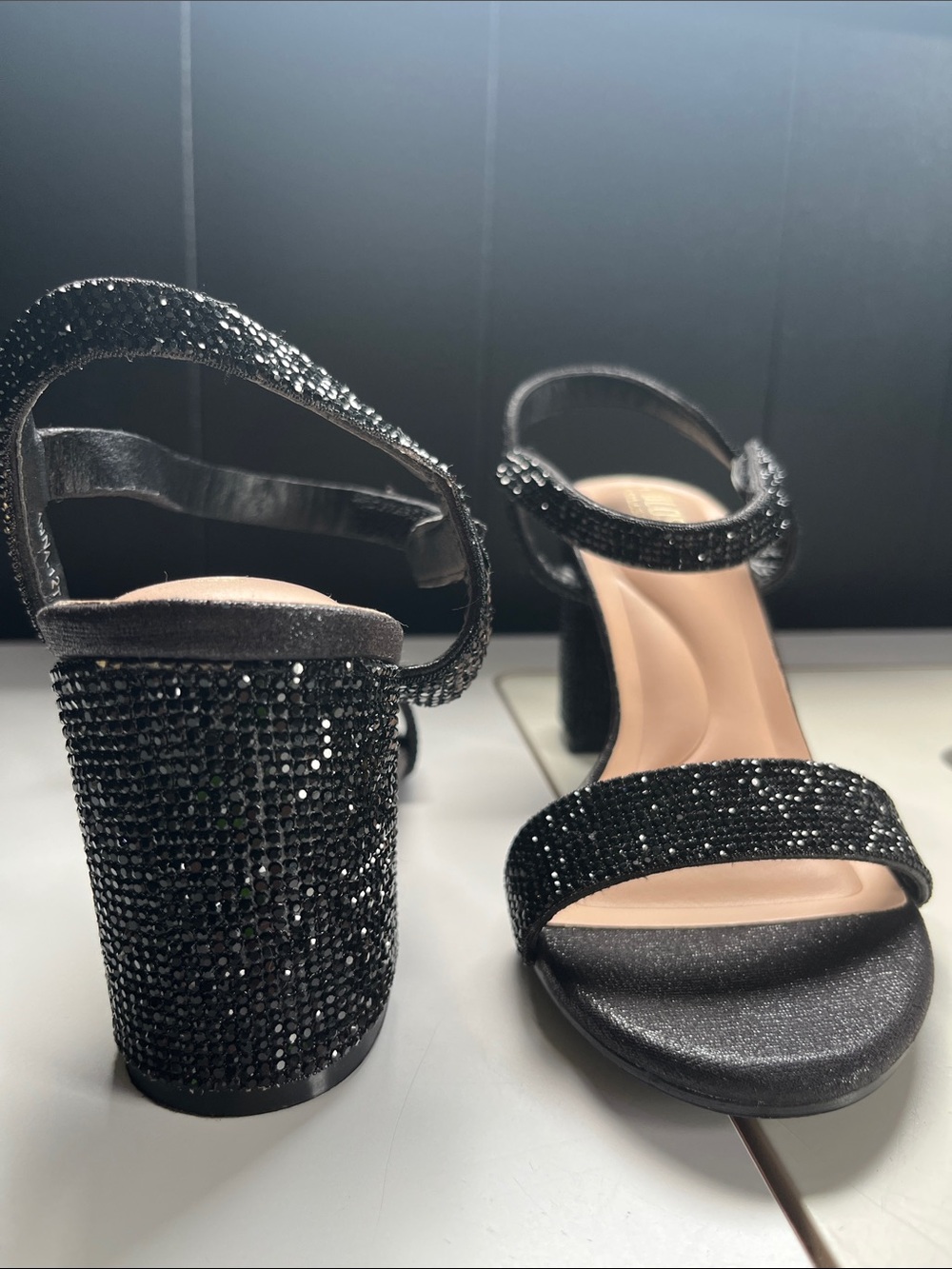 De Blossom Collection Black Crystal Block Heel Sandals